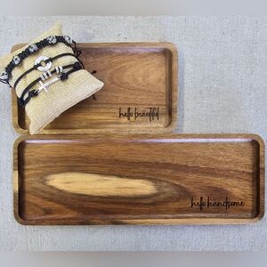 Men Women's Hello Beautiful/Handsome Engraved Acacia Trinket Tray Bundle